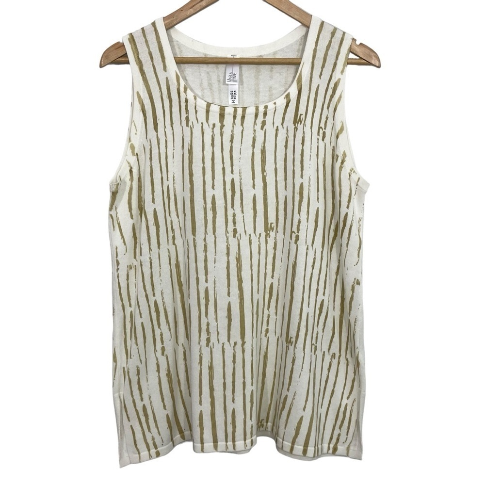 Marla Wynne Sleeveless Shirt Womens XL White Olive Green Abstract Tank Top EUC